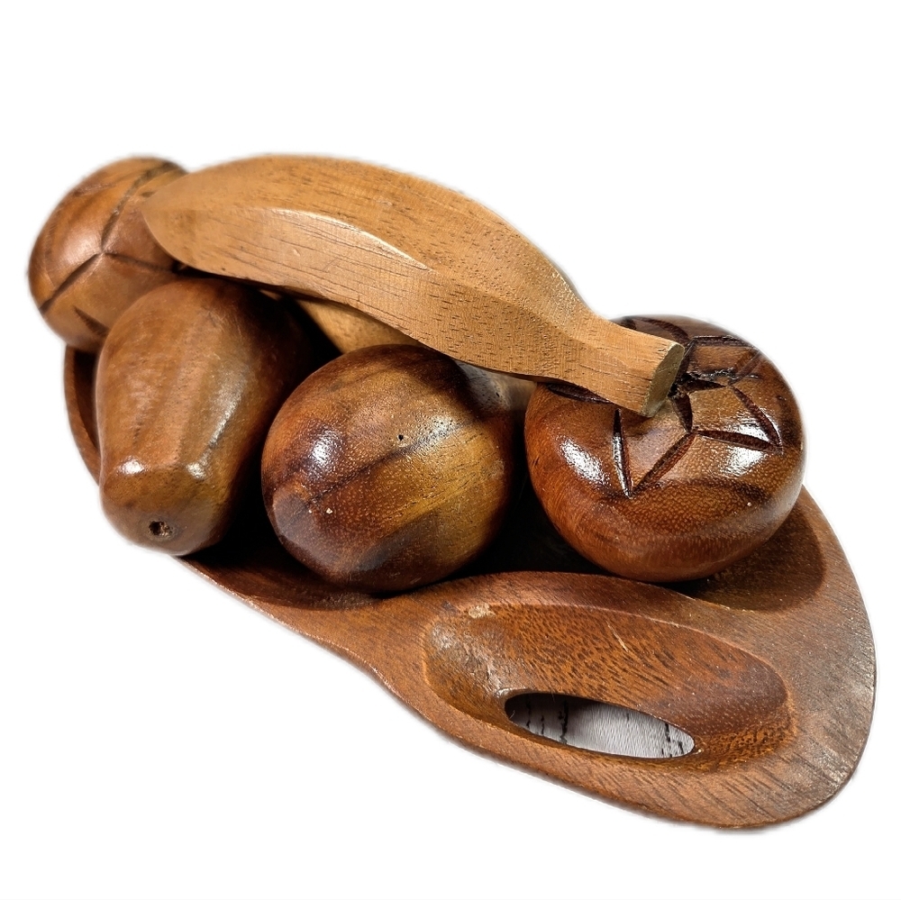 Vintage MCM Carved Wood Fruit With Leaf Tray